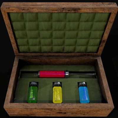 Stylized Box with Covid-19 Virus and Vaccines