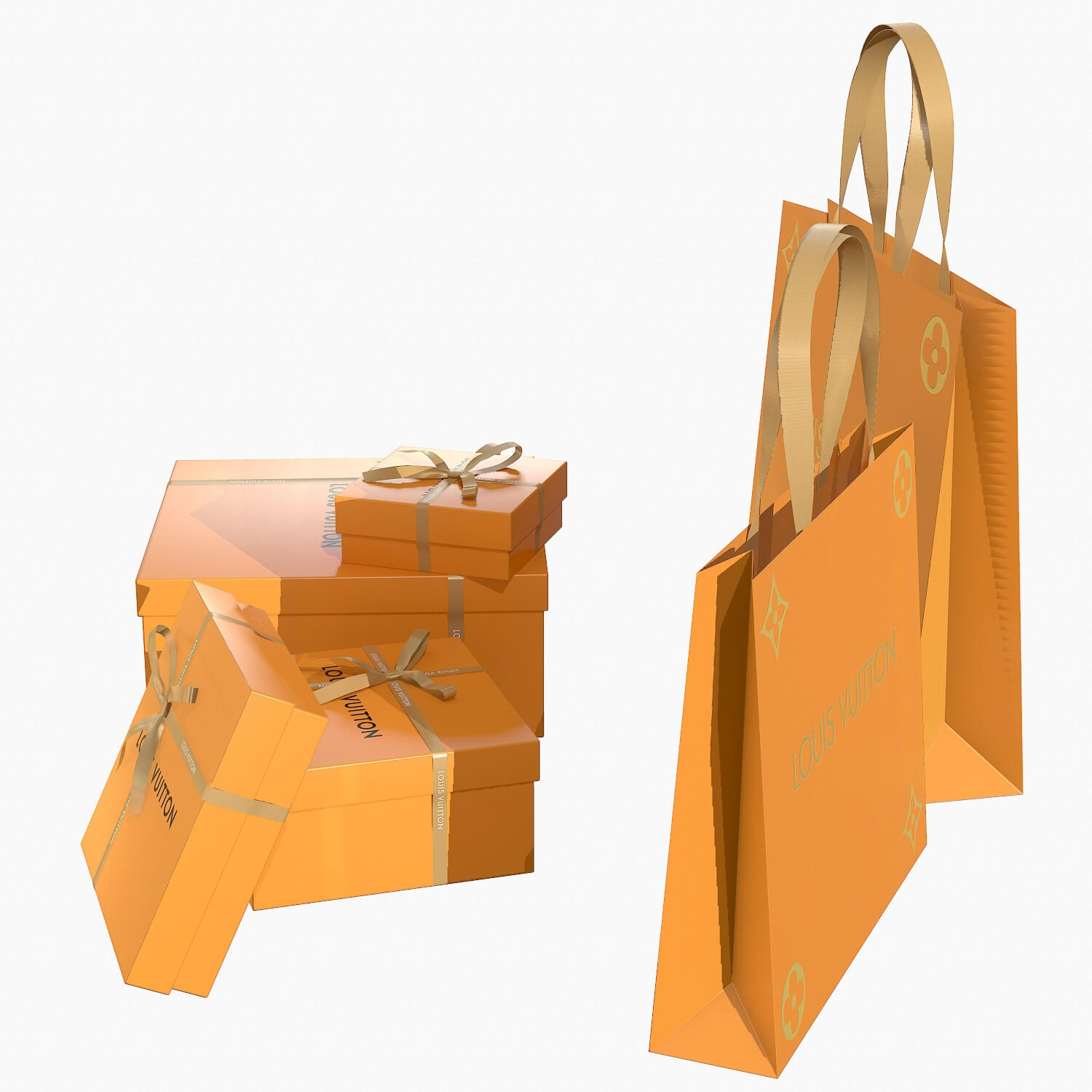 Louis Vuitton Gift Packaging Boxes and Paper Bags 3D Model by 3dmonk