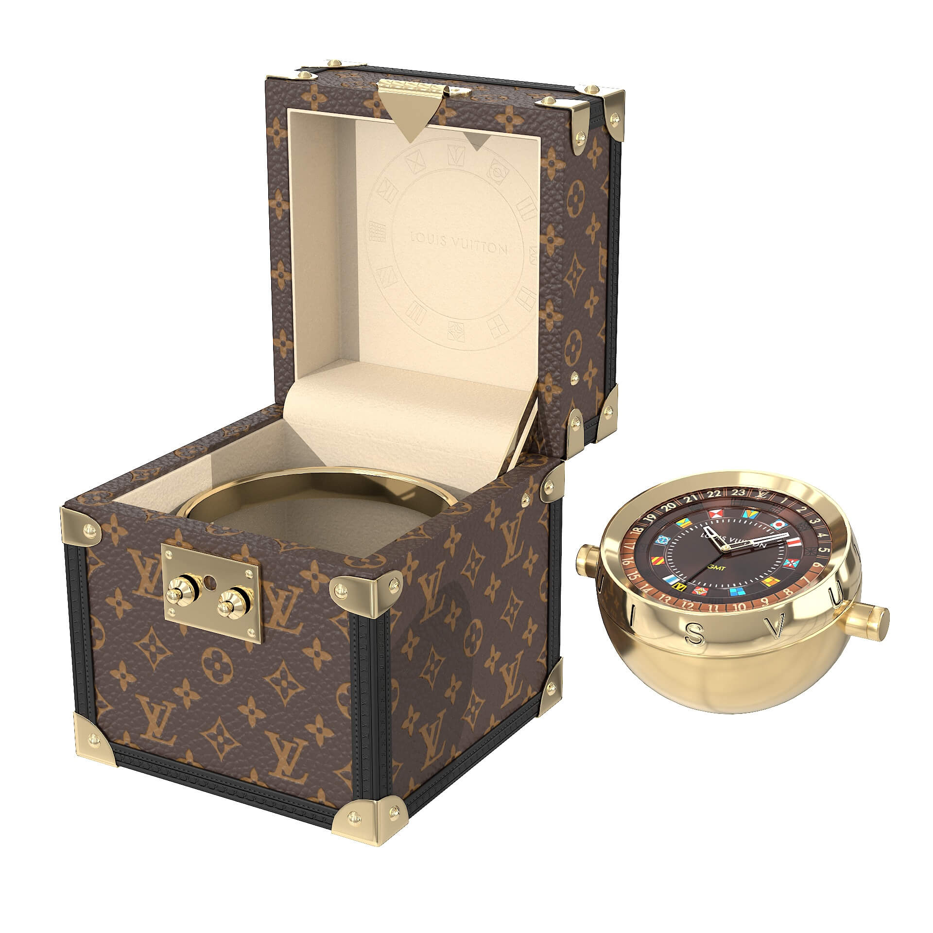 Louis Vuitton Trunk Table Clock 80mm Steel Monogram 3D Model by 3dmonk