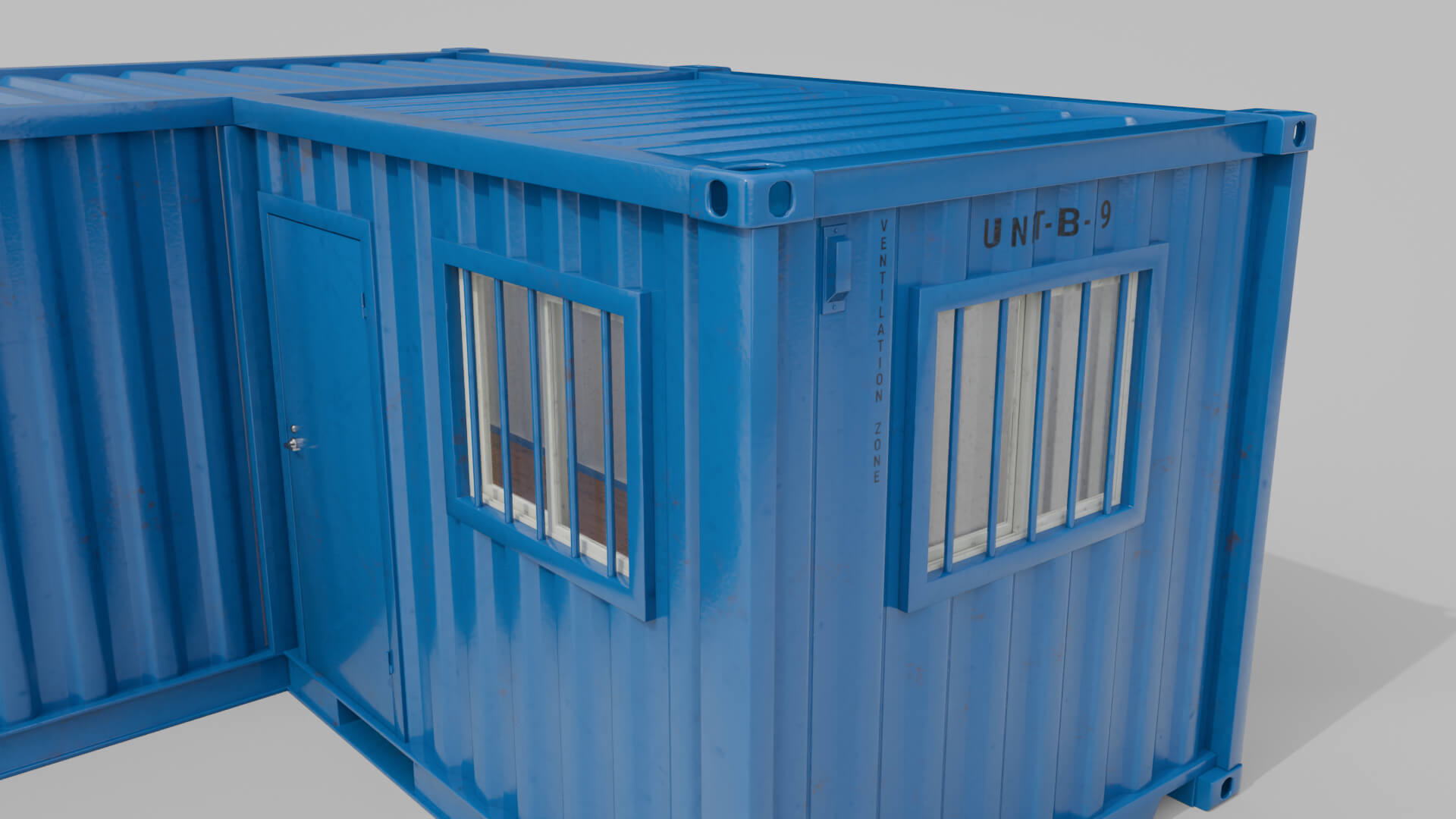 L-Shaped 20ft Modified Shipping Container Room 3D Model by 3DPolyForge, image size:1920x1080