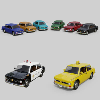 Low Poly Vintage Sedan Cars Game Ready and Render Asset