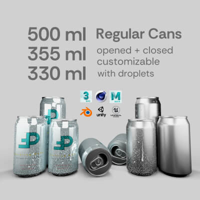 Regular Beverage Cans Set Open and Closed Tabs With Droplets by 3DPolyForge