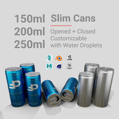 Slim Beverage Cans Set With Water Droplets Open & Closed