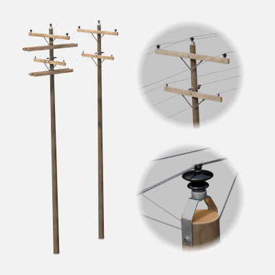 Utility Pole - Dark Wooden Mast with Double Crossarms