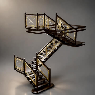 Luxury Wooden Staircase With Gold Metal Railing AQ3D by AQ3D