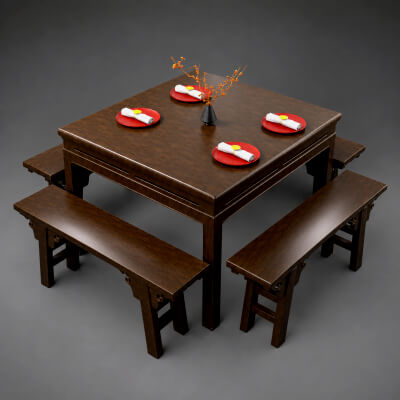 Wooden Dining Table Set With Benches 3D Model AQ3D