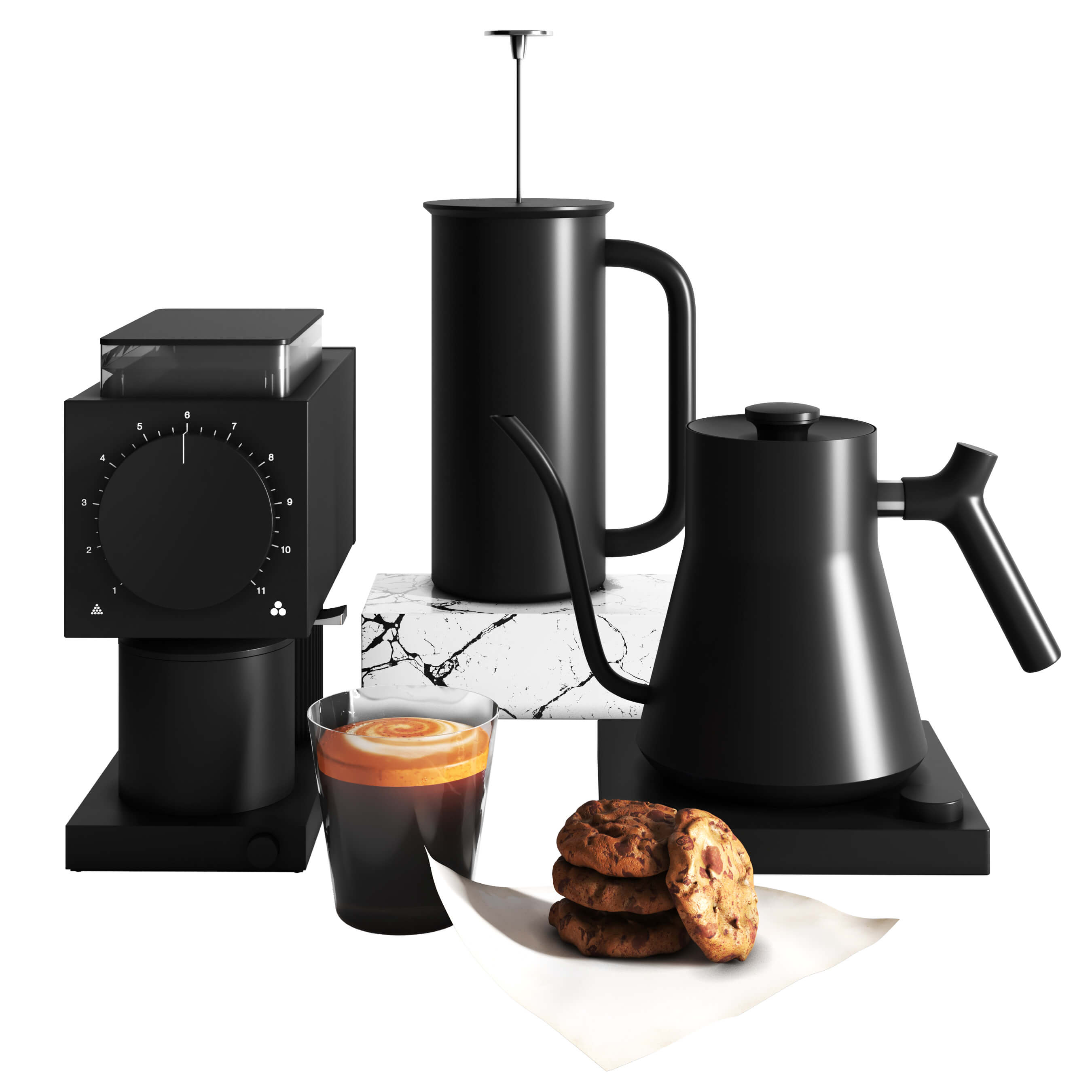 Fellow Ode Set Kettle + Coffee Grinder + French Press 3D Model by