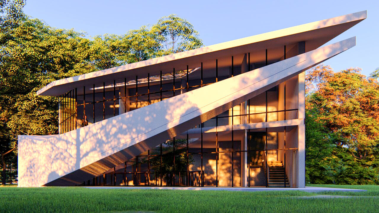 Futuristic Angular Architecture With Skylight and Greenery - 3D Model ...