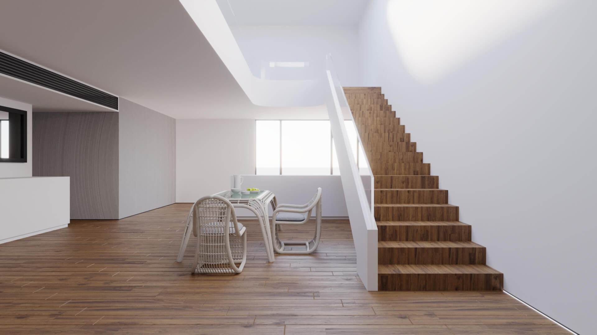 Modern Minimalist Interior Design With Wooden Staircase - 3D Model by ...