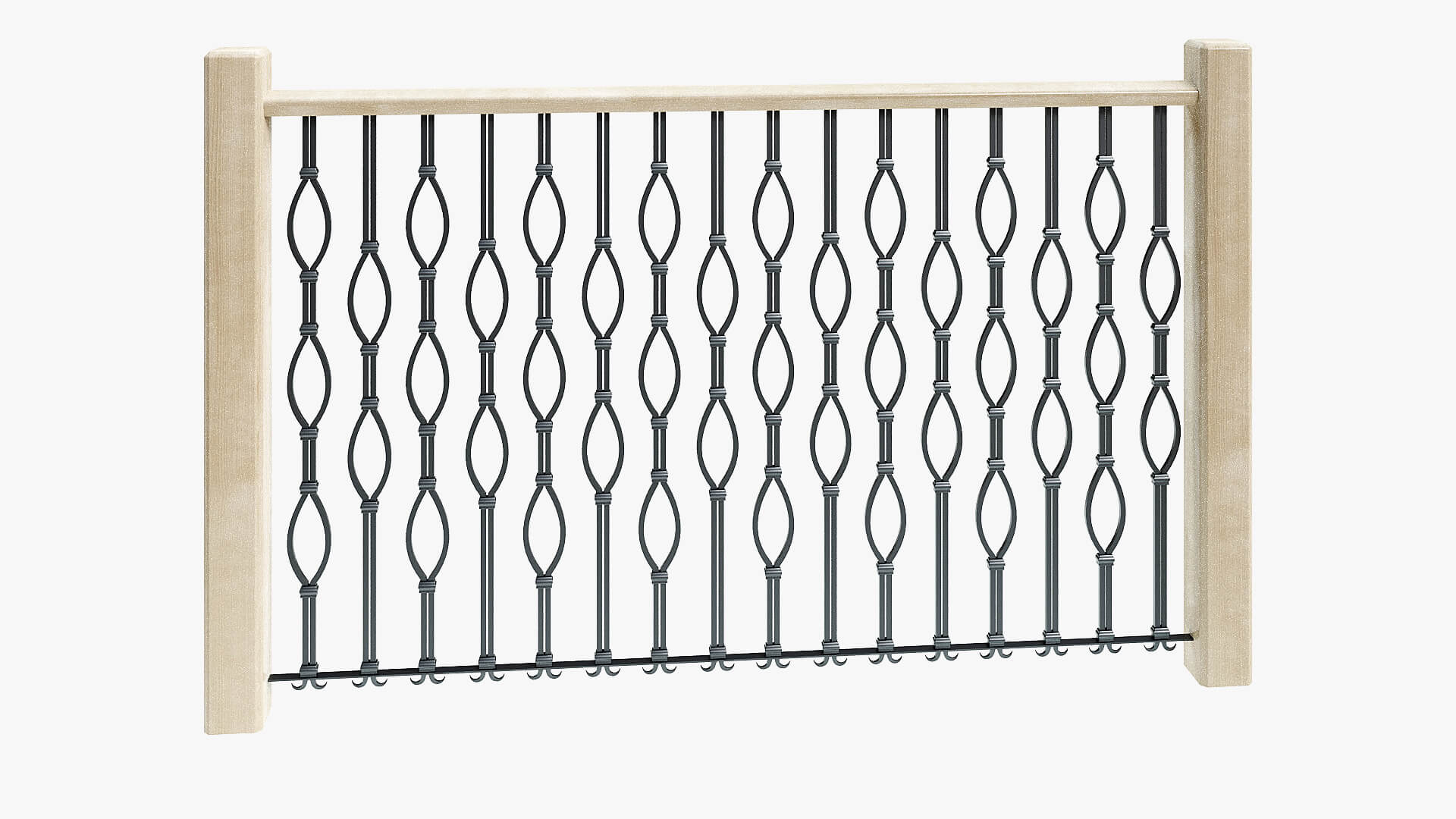 Wrought Iron Railing Fence With Wooden Posts - 3D Model by Artdeco 3d