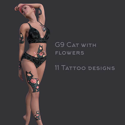G9 Cat With Flowers Tattoo