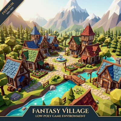 Stylized Low-Poly Fantasy Village Game Environment