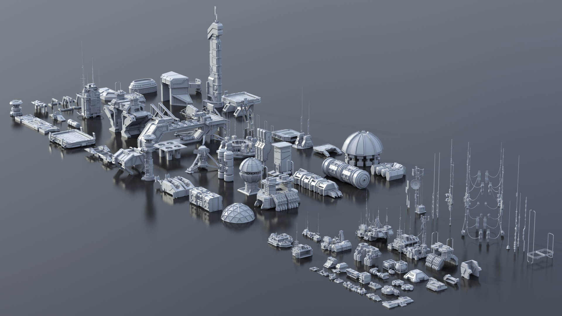 115 Sci-Fi Kitbash Parts and 7 Unique Sci-Fi Buildings 3D Model by Bearg