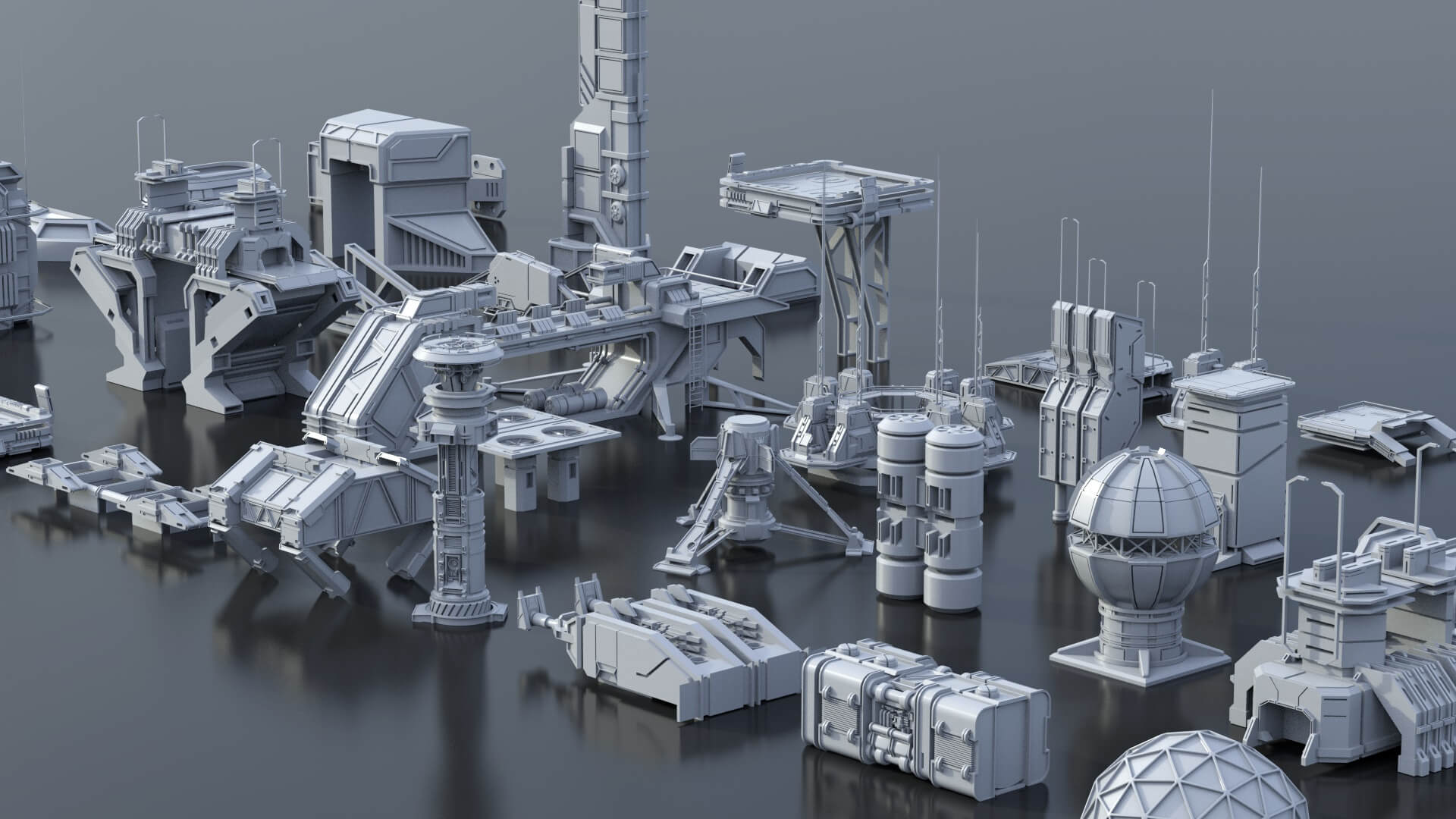 115 Sci-Fi Kitbash Parts and 7 Unique Sci-Fi Buildings 3D Model by Bearg
