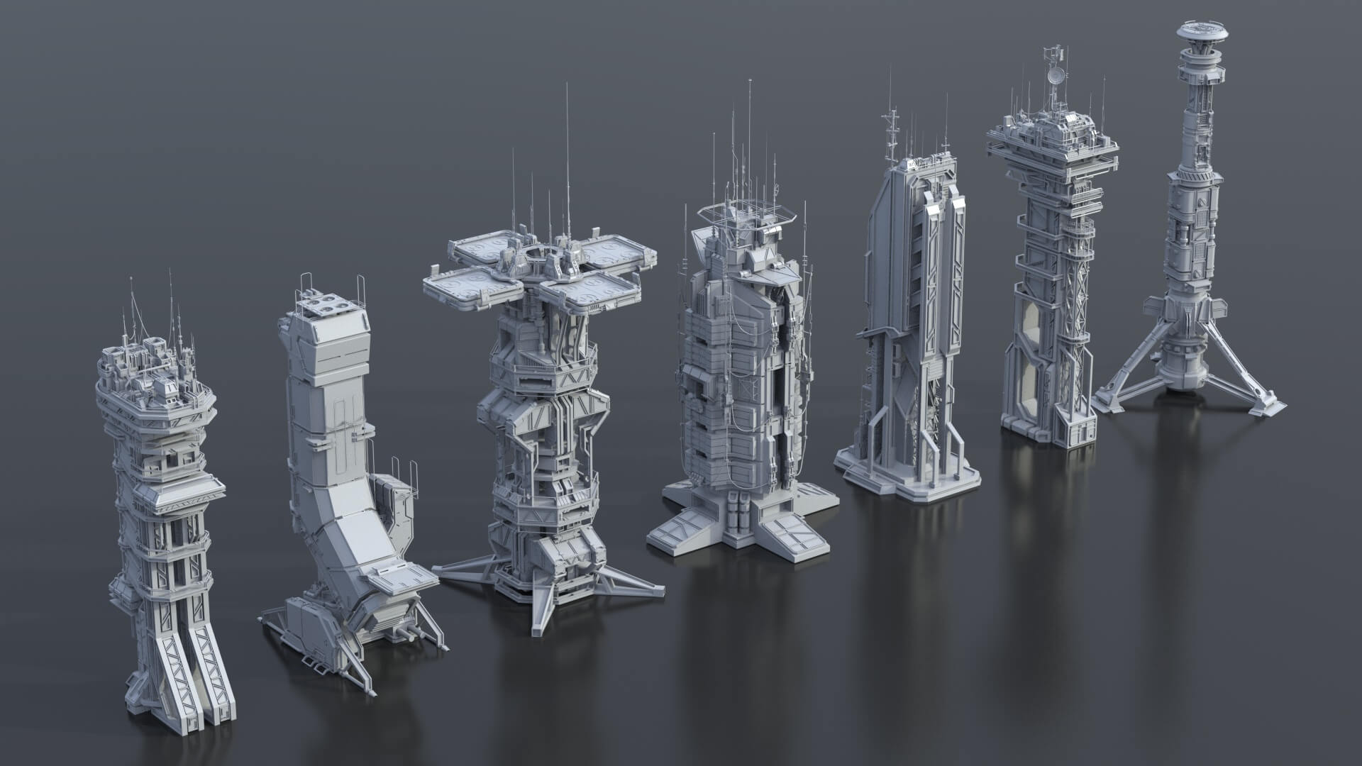 115 Sci-Fi Kitbash Parts and 7 Unique Sci-Fi Buildings 3D Model by Bearg