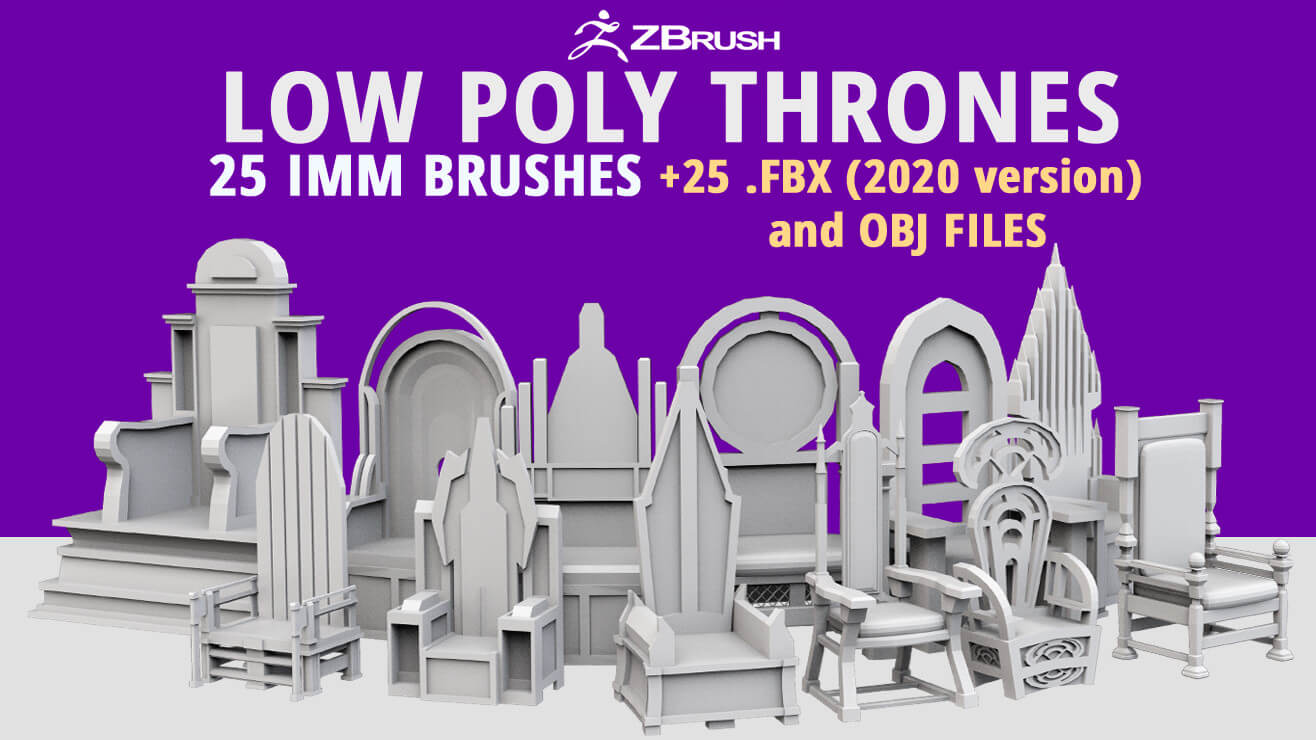 25 Low Poly Royal Thrones Chairs Furniture IMM Brush Zbrush by