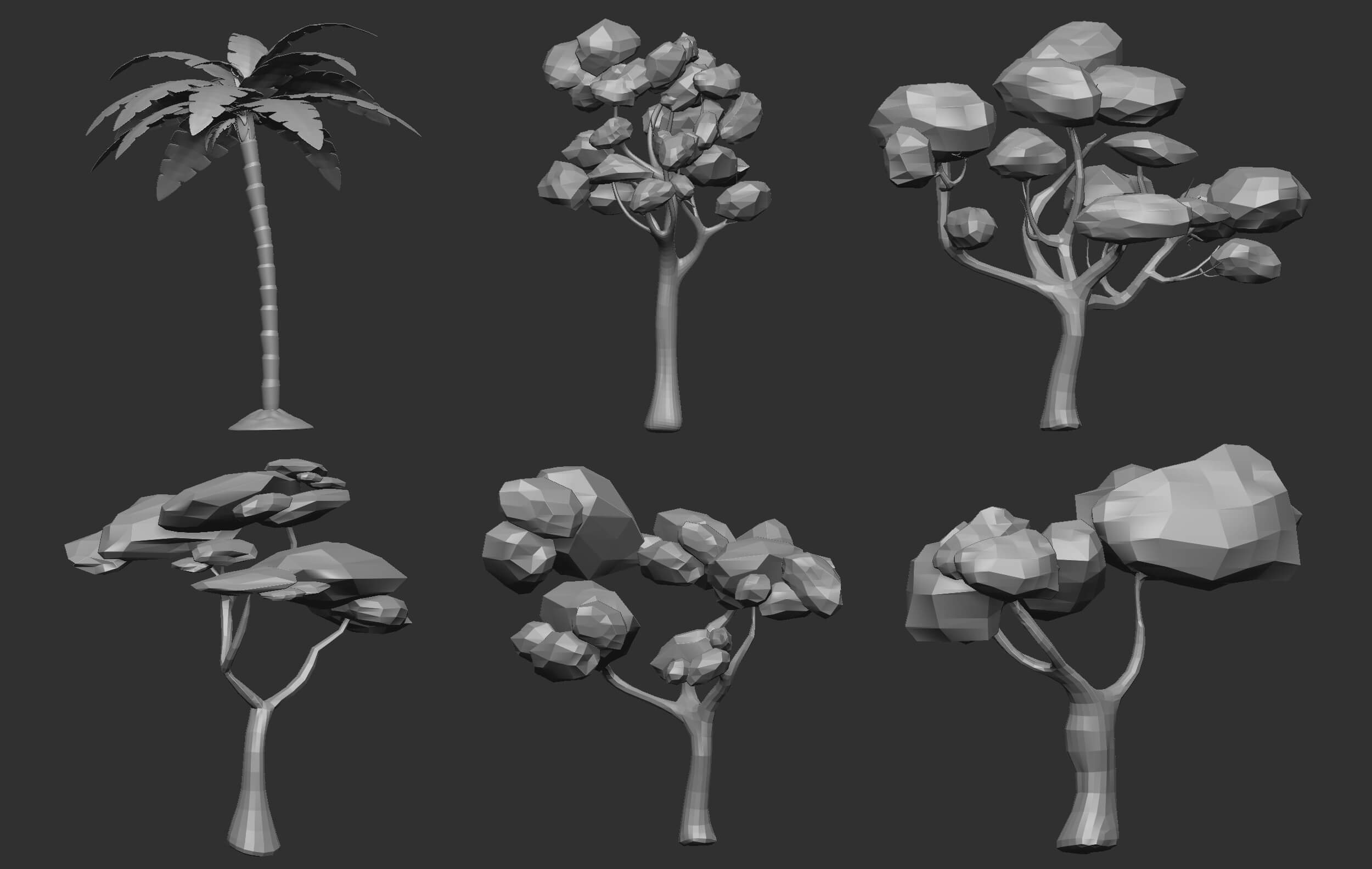 30 Low Poly Tree and Bush Base Mesh IMM Brush Set for Zbrush by