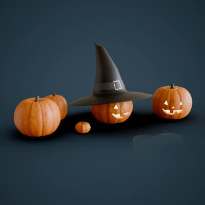 Pumpkins Jack-O-Lantern and Witch Hat