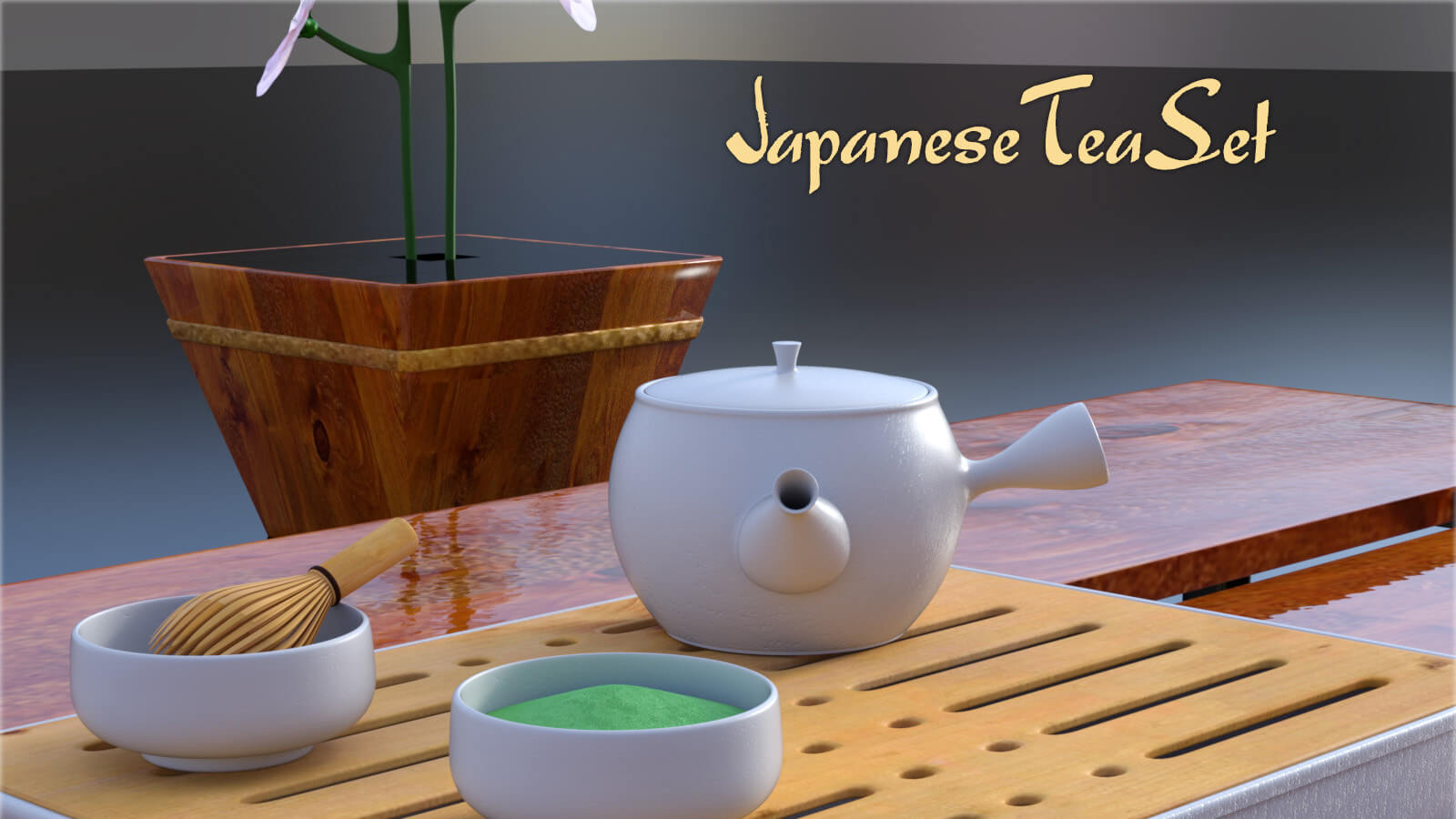Japanese Tea Set With Kintsugi Patterns for DAZ Studio by Causam3D