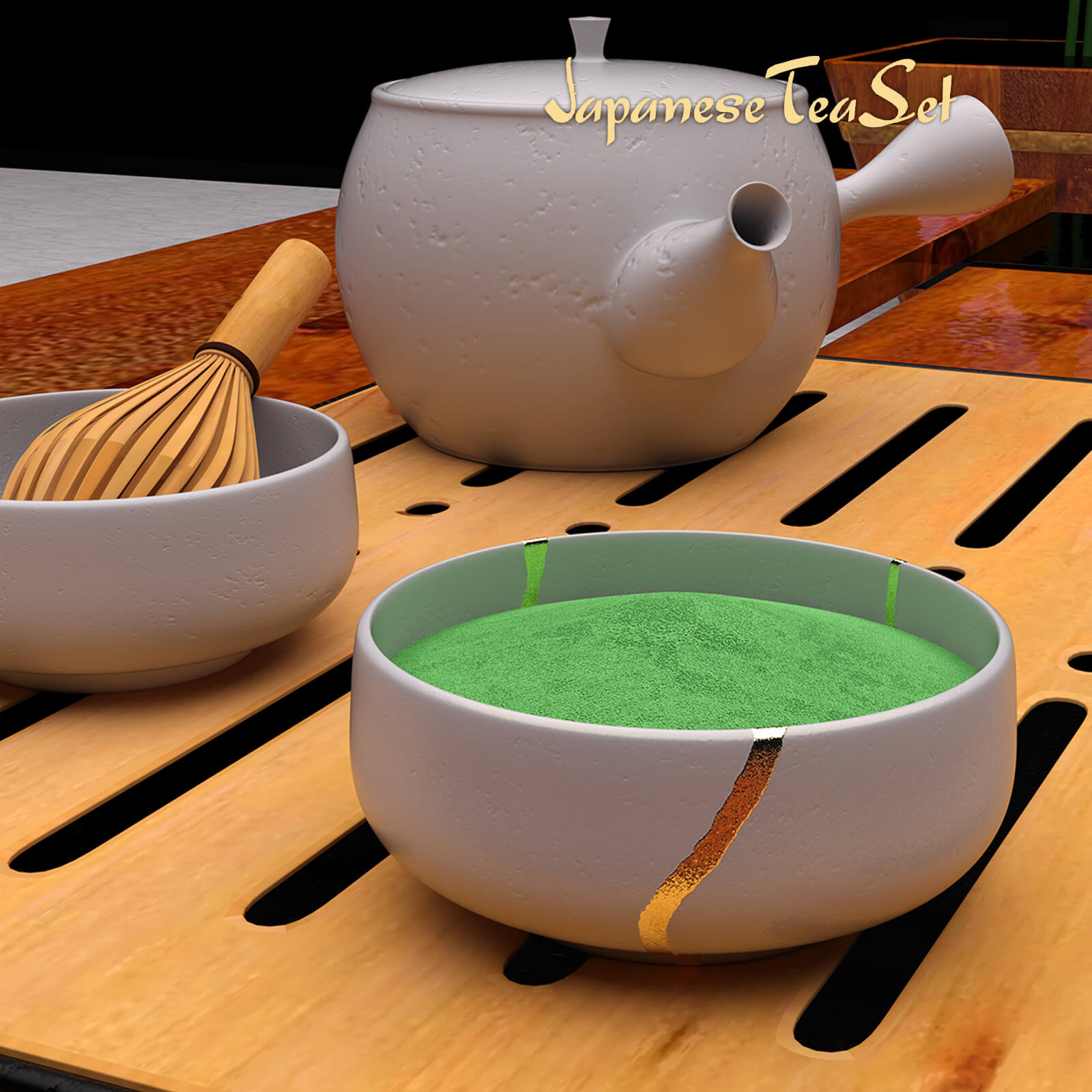 Japanese Tea Set With Kintsugi Patterns for DAZ Studio by Causam3D