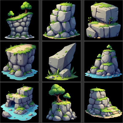 160 Transparent Cartoon Style Stone Rock Cliffs - 2D Game Asset by cgsea