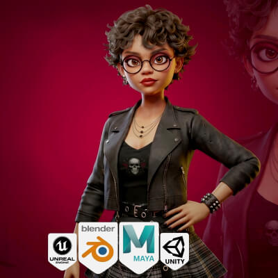 Game Cartoon Stylized Sexy Punk Girl Rigged