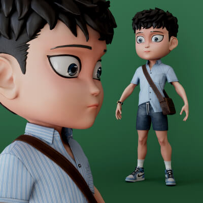 Chibi Boy Shirt Shorts Sneaker Blue Bag Brown