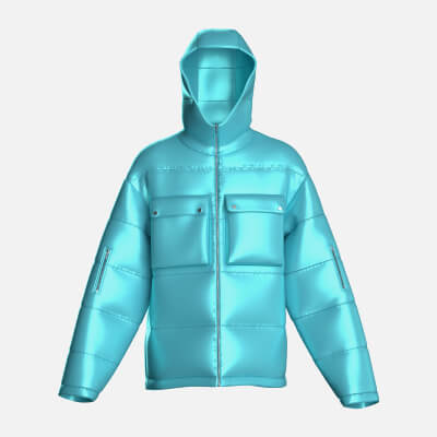 Men's Metallic Cyan Hooded Puffer Jacket - 3D Model by Clothing Axis