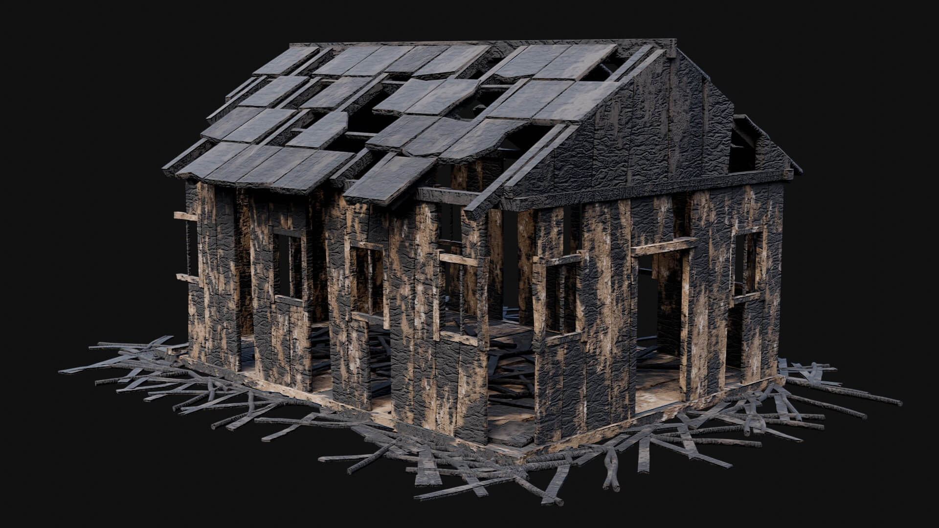 Burned Wooden Medieval Houses Collection - 3D Model by Enterables