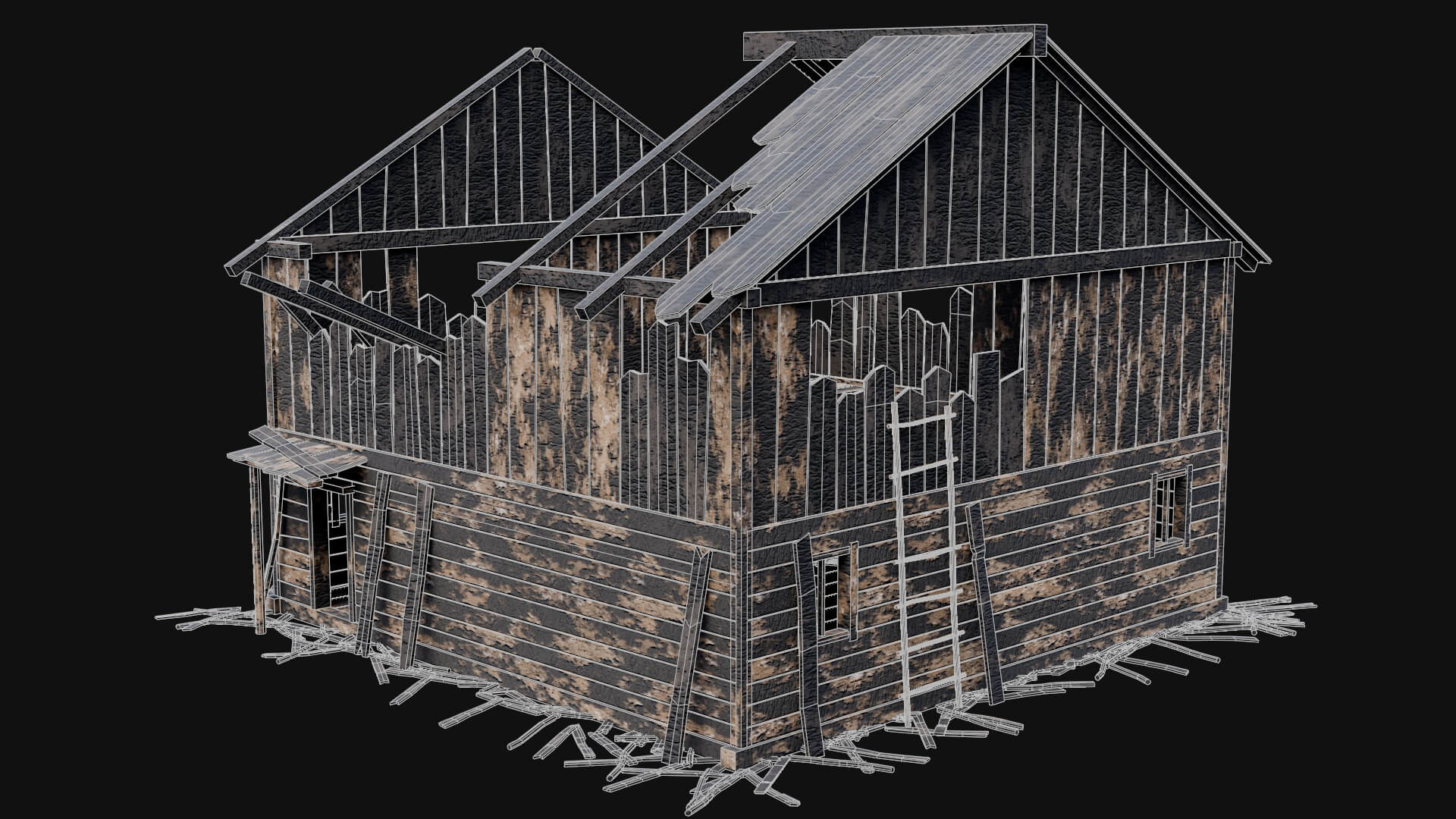 Burned Wooden Medieval Houses Collection - 3D Model by Enterables
