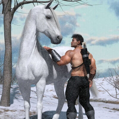 Warrior with horse in winter environment