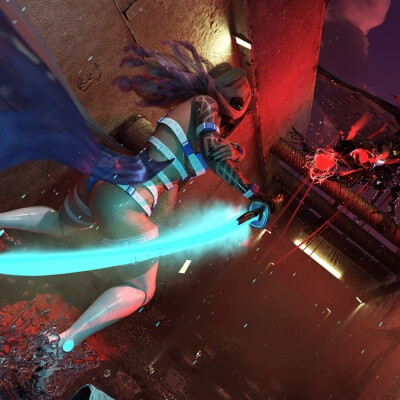 Cyberpunk Girl and Iron Skeleton Dragon