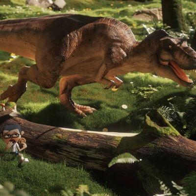 The cookie thief is being chased by a T-Rex