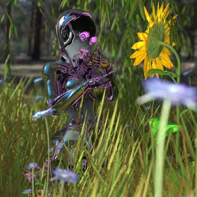 Cute Bot Delighted By a Sunflower