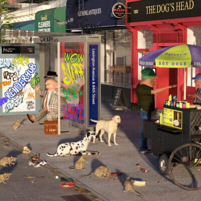NY BUS SHELTER AND HOT DOG STAND