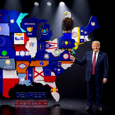 USA 3D Map Separable States & Original Flags by gemreer