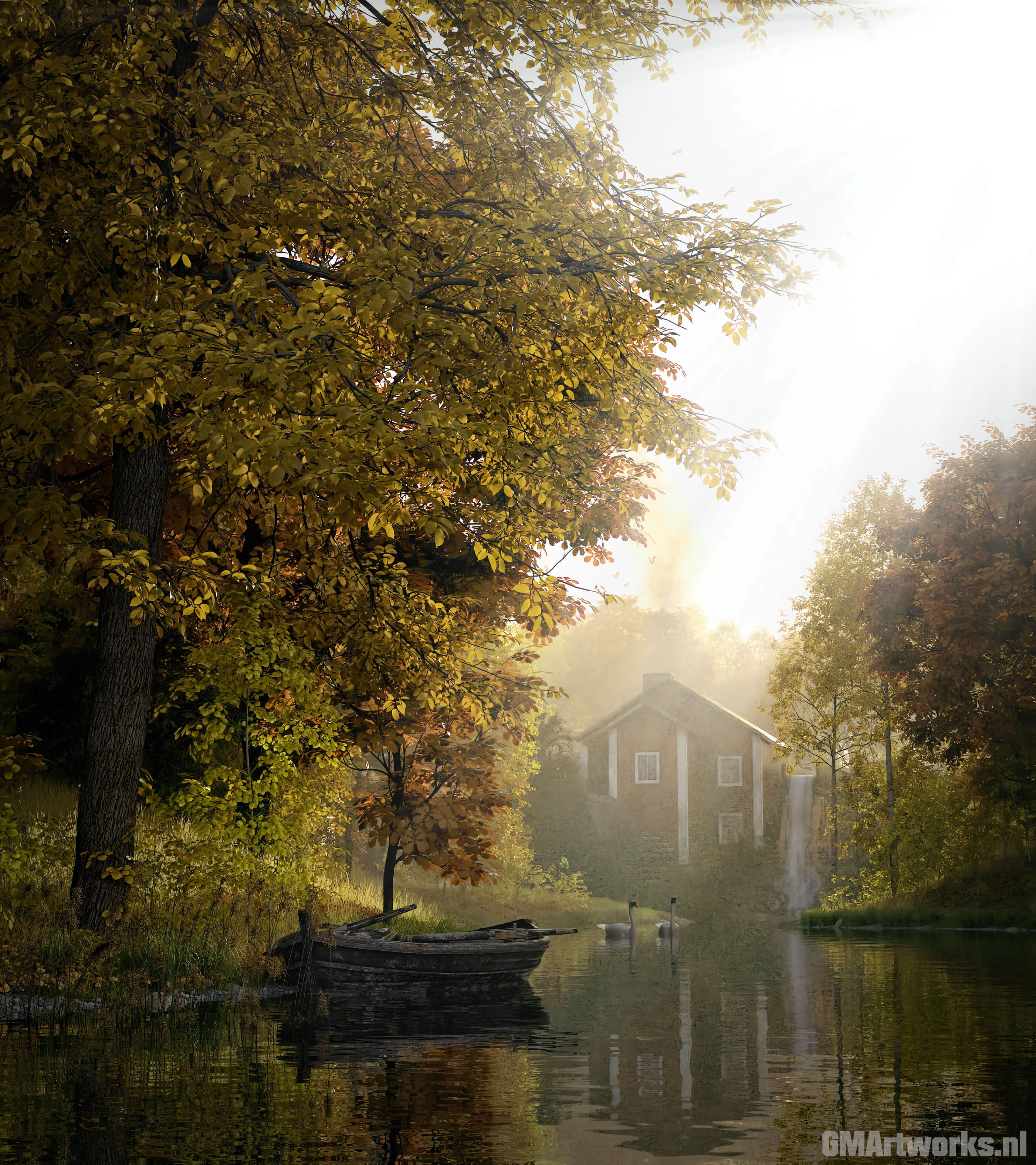 Autumn Dawn Water Mill 3D Render, Digital Art by GMArtworks