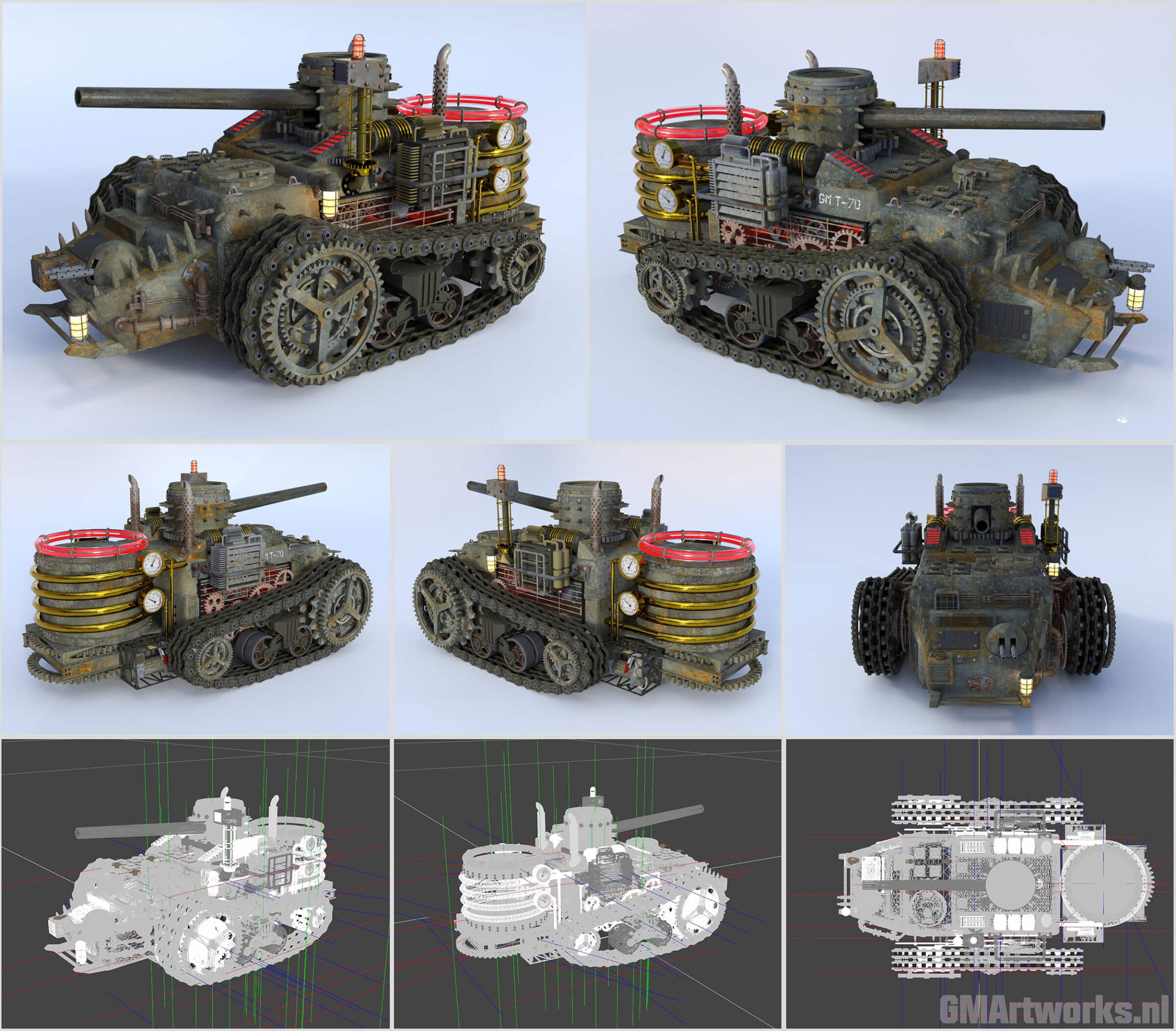 GM T-70 Steampunk Tank 3D Render, Digital Art by GMArtworks