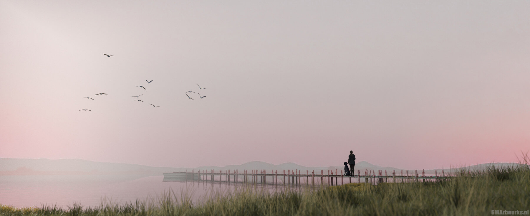Serene Dawn Lake 3D Render, Digital Art by GMArtworks