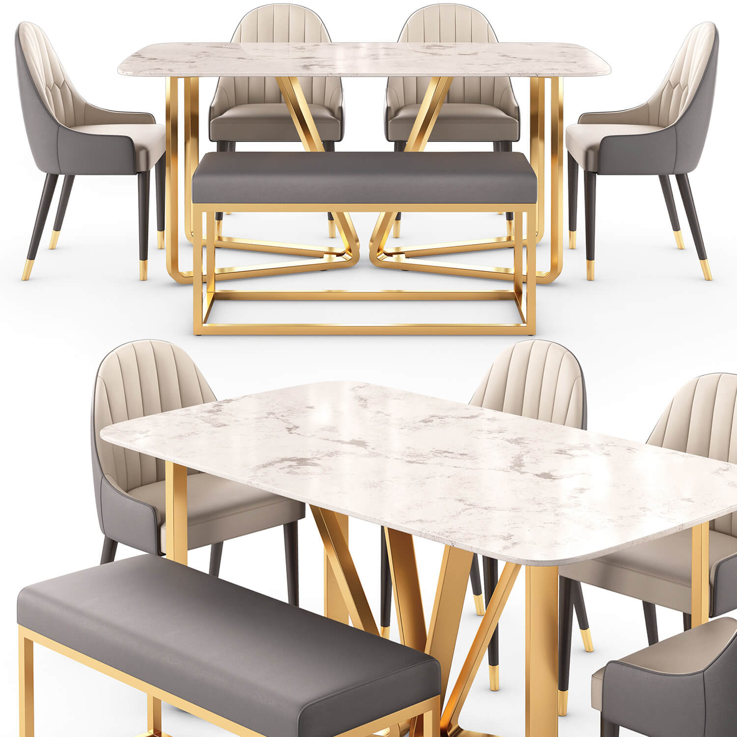 Modern Rectangle Faux Marble Dining Table Gold Set 3D Model by GreenCG