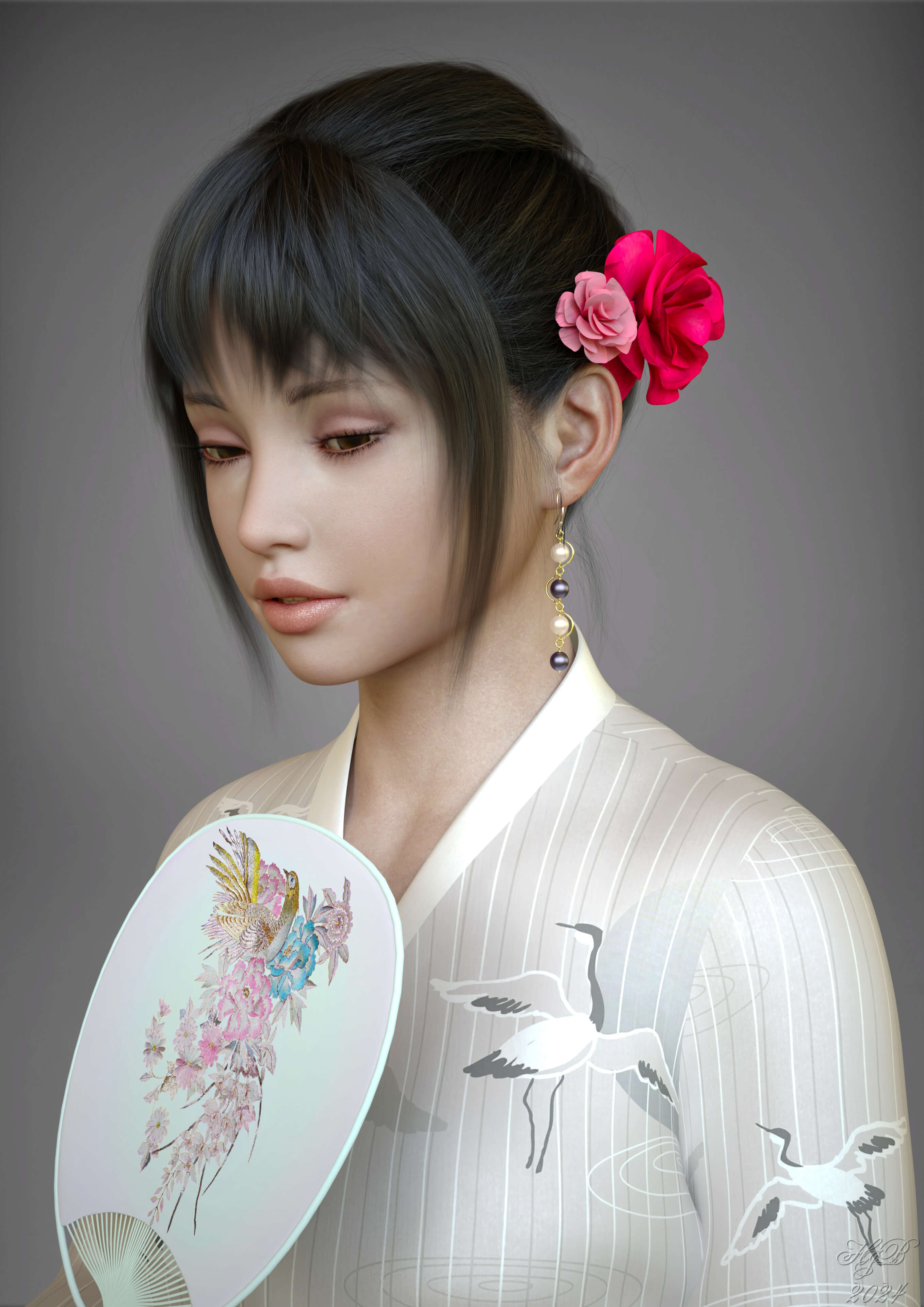 Asian Girl With FAn 2 3D Render, Digital Art by Hajoba