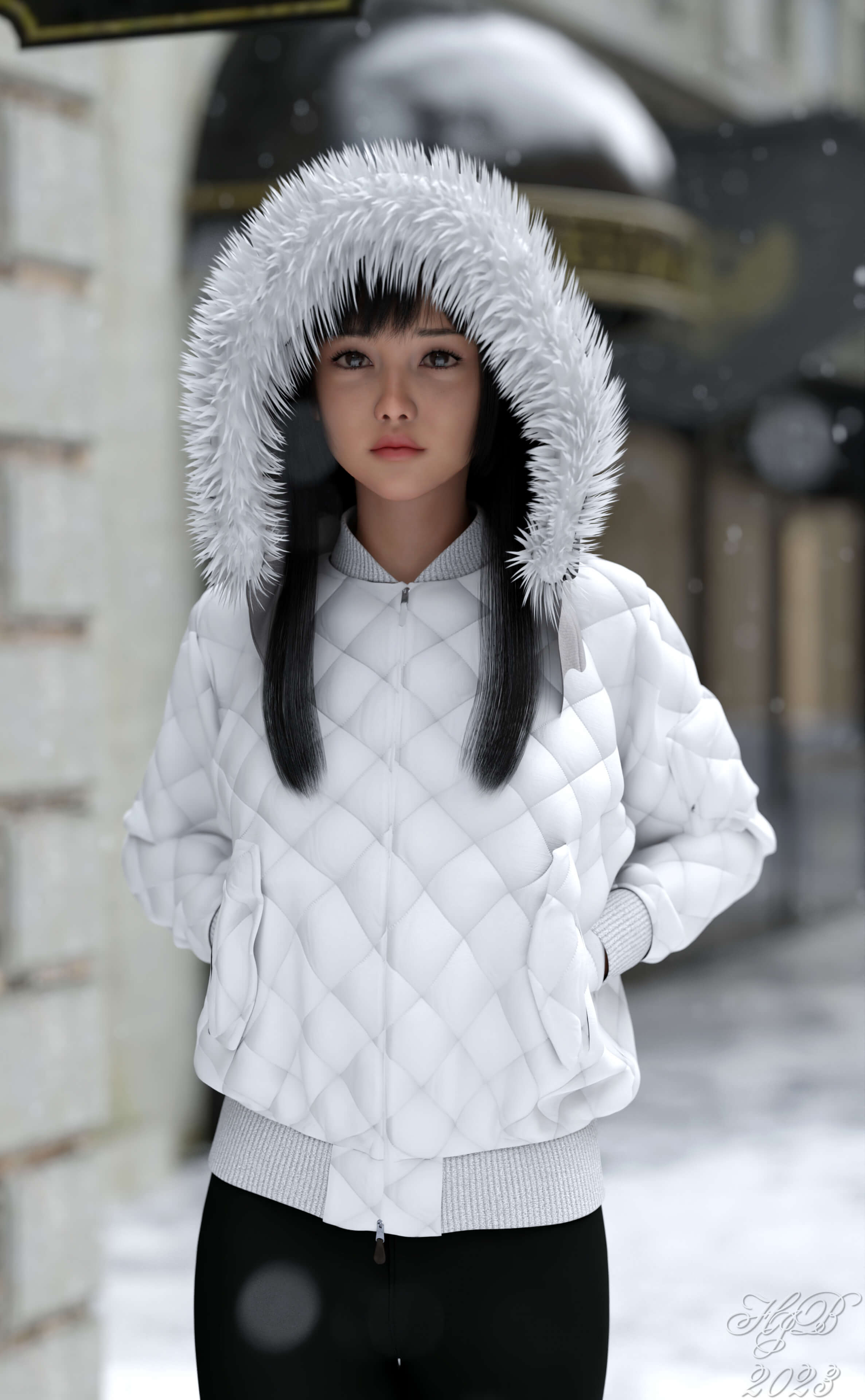 Asian Girl With White Anorak 3D Render, Digital Art by Hajoba