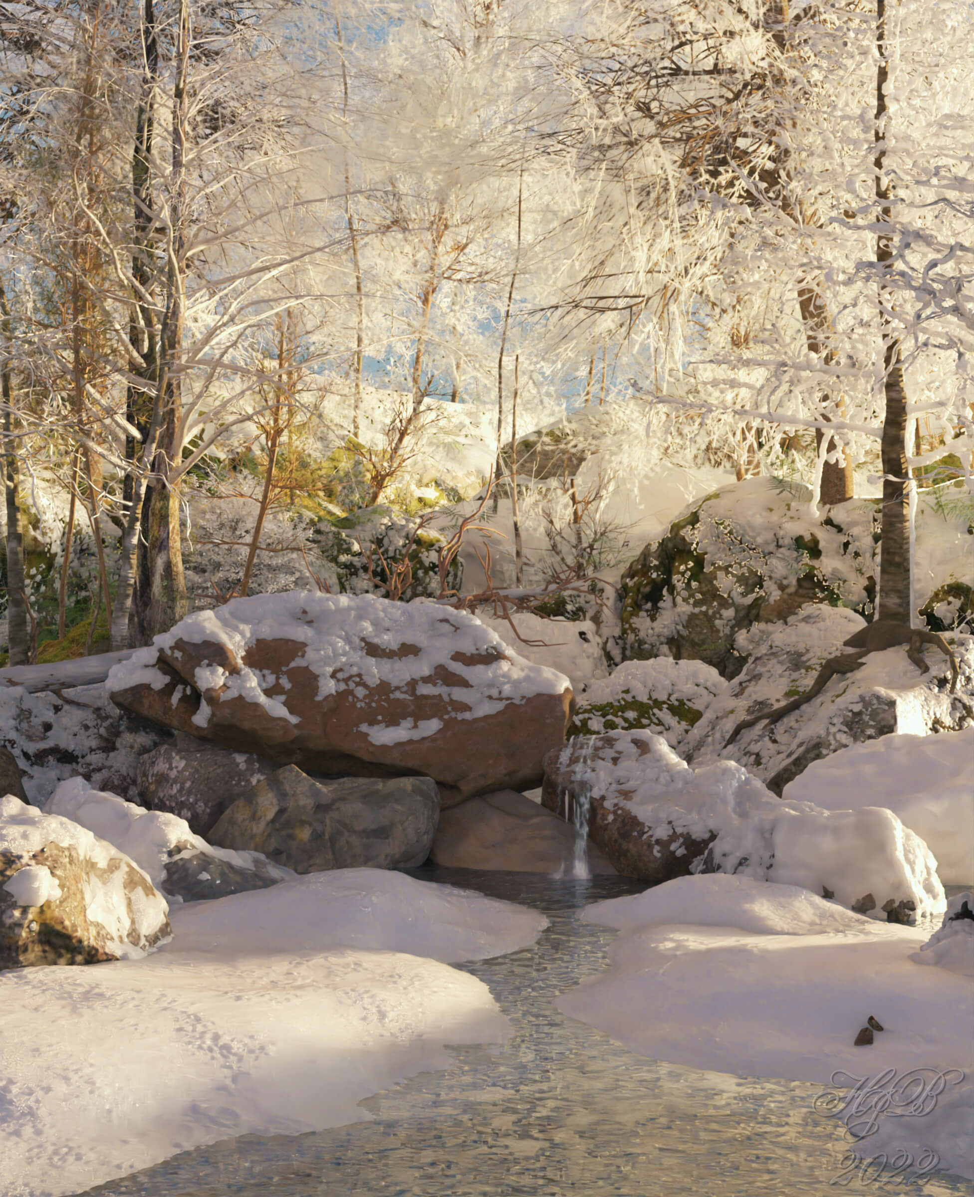 Forest Scene Winter 3D Render, Digital Art by Hajoba