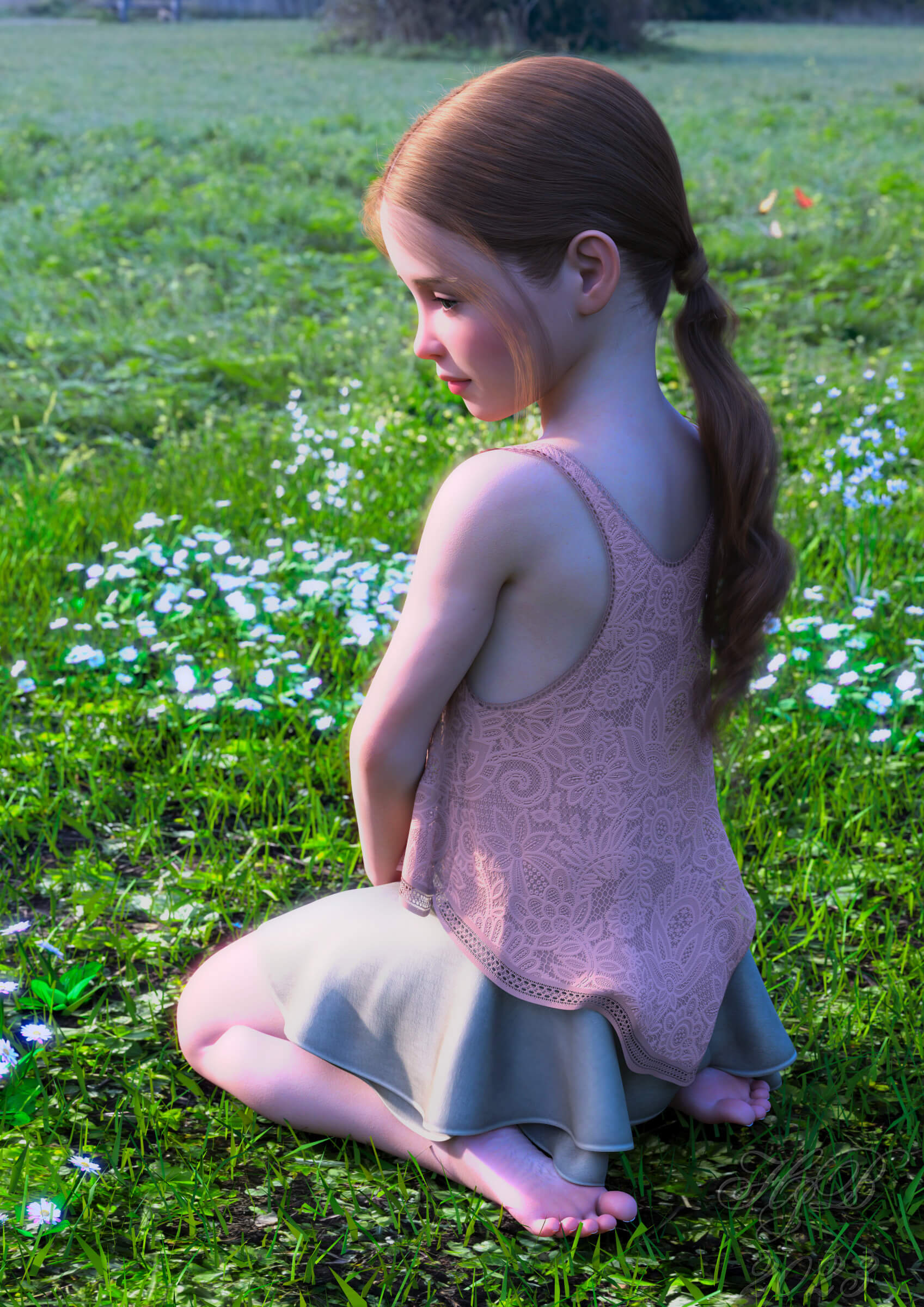 Girl In The Meadow 3D Render, Digital Art by Hajoba