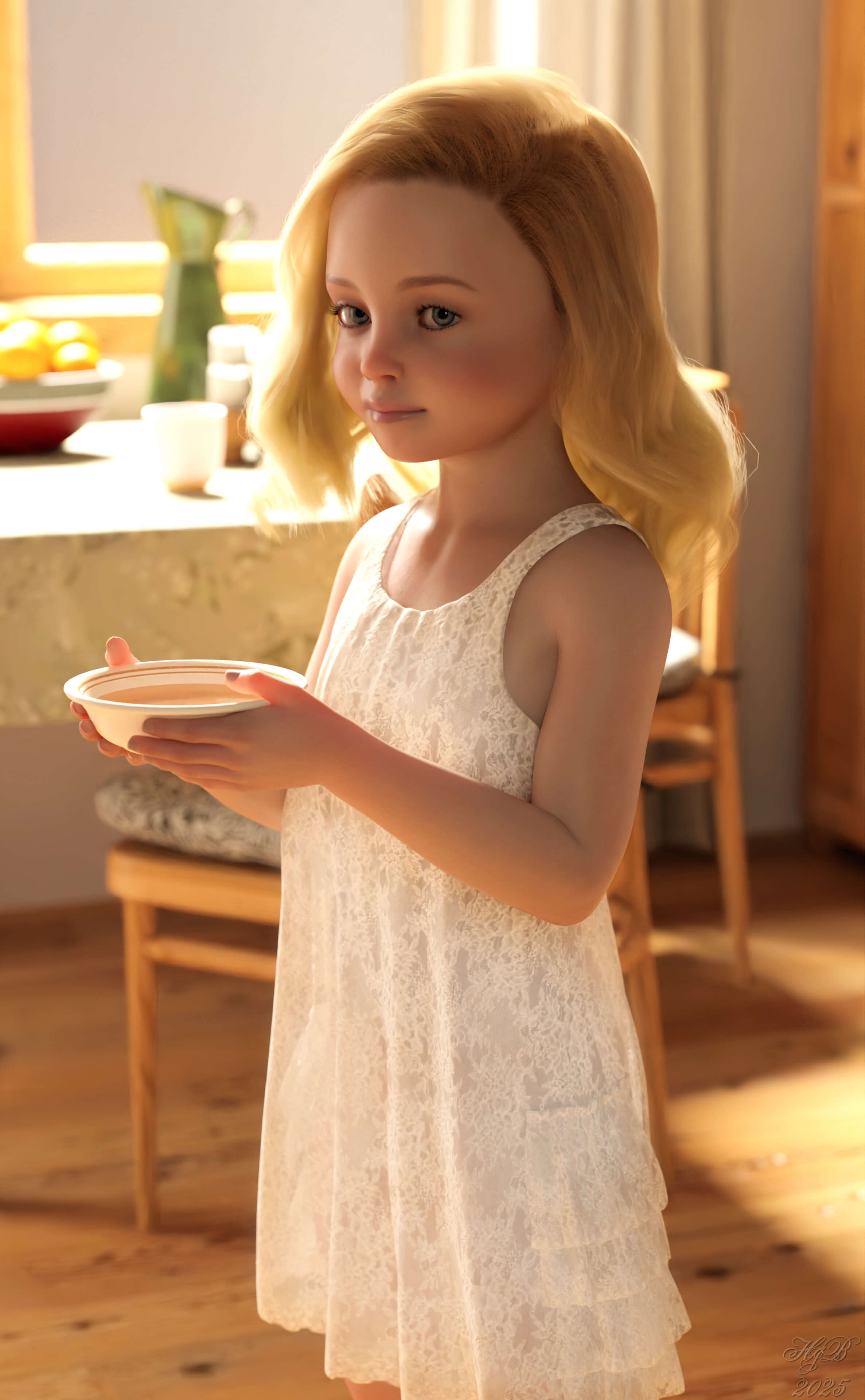 Little Girl with Bowl 3D Render, Digital Art by Hajoba