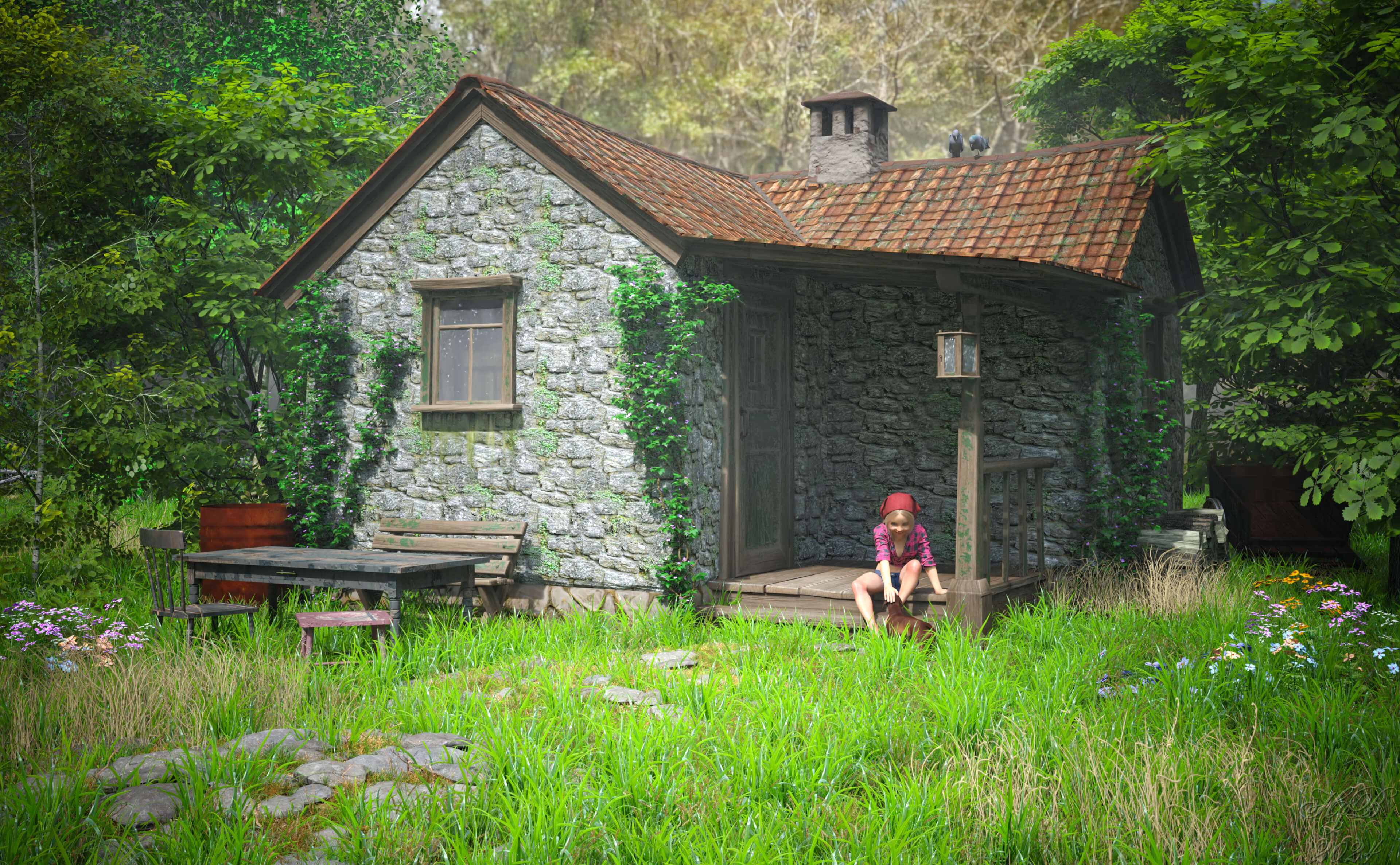Weekend Cottage 3D Render, Digital Art by Hajoba