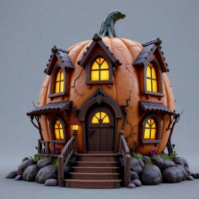 Halloween Pumpkin House 3D Model - Stylized Spooky Cottage
