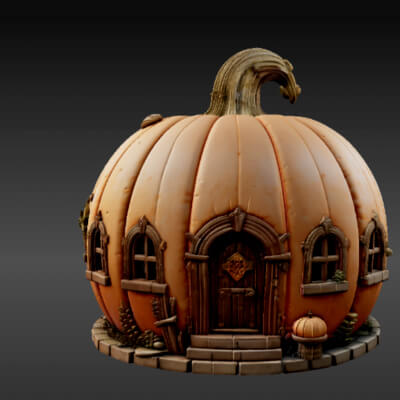 Pumpkin Cottage 3D Model - Fantasy Miniature House - Hallowe