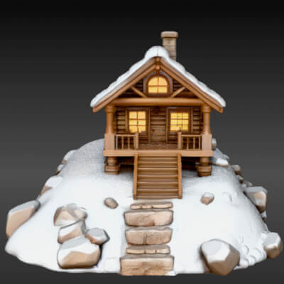 Winter Cabin on Snow Hill 3D Model - Cozy Christmas Scene
