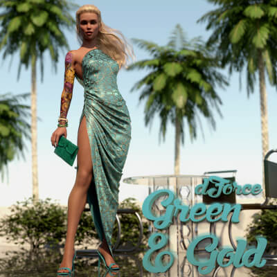 dForce Green &amp Gold Dress for Genesis 8 and 8.1 Female